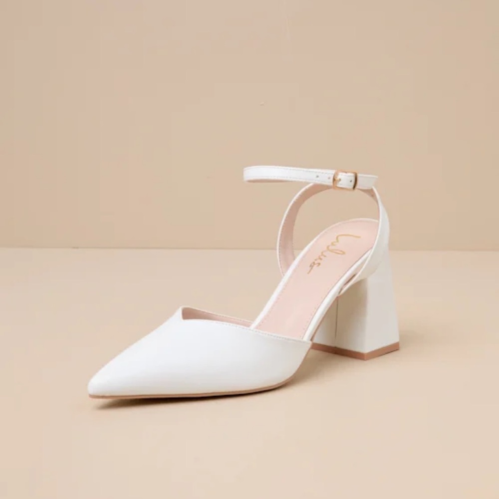 Alodie White Pointed-Toe Ankle Strap Pumps